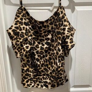 New York & Company Leopard Print Cold Shoulder Top Size Large